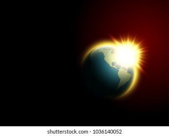 Vector world map rising sun. Solar eclipse globe icon, space sunlight. Planet Earth sunny glow background view from space. Continents world Sunshine picture. Colorful solar eclipse poster presentation
