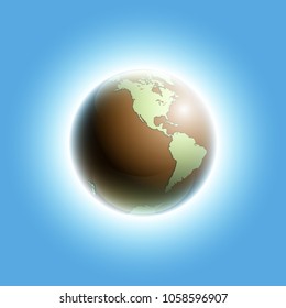Vector world map rising sun. Solar eclipse globe icon, space sunlight. Planet Earth sunny glow background view from space. Continents world Sunshine picture. Colorful solar eclipse poster presentation