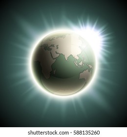 Vector world map with the rising sun. Globe icon in the space sunlight. Planet Earth on sunny glow background view from space. Continents world Sunshine picture. Colorful poster presentation