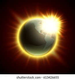 Vector world map with the rising sun. Globe icon in the space sunlight. Planet Earth on sunny glow background view from space. Continents world Sunshine picture. Colorful poster presentation