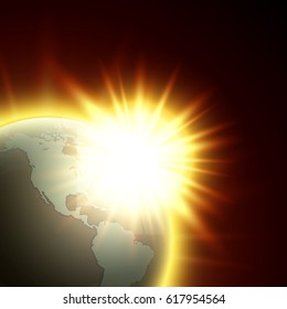 Vector world map with the rising sun. Globe icon in the space sunlight. Planet Earth on sunny glow background view from space. Continents world Sunshine picture. Colorful poster presentation