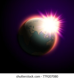 Vector world map rising sun. Solar eclipse globe icon, space sunlight. Planet Earth sunny glow background view from space. Continents world Sunshine picture. Colorful solar eclipse poster presentation