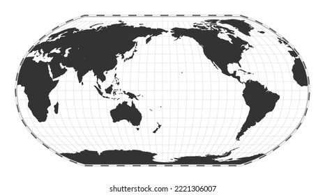 Vector world map. Robinson projection. Plane world geographical map with latitude and longitude lines. Centered to 180 degrees longitude. Vector illustration.