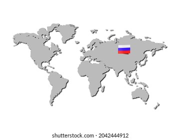Vector World Map with Russian Flag on It, Isolated on White Background Illustration, Country’s Territory. 