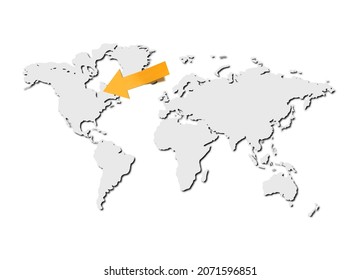 Vector World Map with Shadow and Yellow 3D Pointing Arrow, Illustration Background, Gray Map and Colorful Arrow Template, Infographic Background.