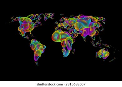 Vector world map silhouette of rainbow bubbles on black background