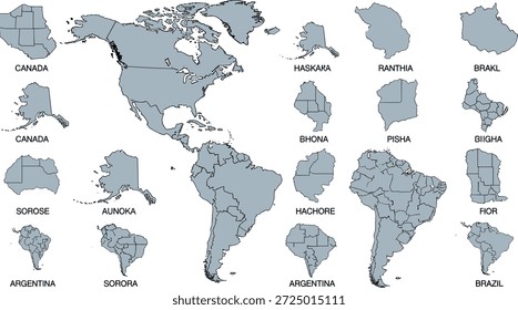 Vector, world, map, silhouettes, geography, atlas, global, cartography, continents, countries, borders, earth, navigation, travel, education, international, regions, land, planet