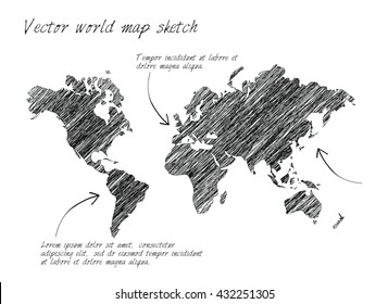 Vector world map sketch on white background.