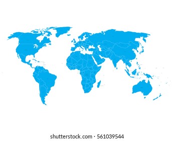 Vector World Map with state name labels. Blue land with black text on white background. Hand drawn simplified illustration.