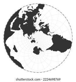 Vector world map. Stereographic. Plain world geographical map with latitude and longitude lines. Centered to 180deg longitude. Vector illustration.