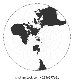 Vector world map. Stereographic. Plain world geographical map with latitude and longitude lines. Centered at 120 degrees W longitude. Vector illustration.