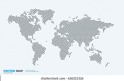 Modelo de mapa do mundo vetorial com pontos redondos, pontos para negócios. Design gráfico arte abstrata para tecnologia e viagens de trem, carro, assunto avião.