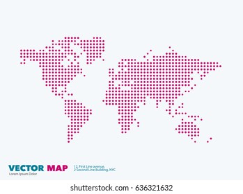 Vector world map template with round spots, dots for business. Graphic design abstract art for technology and travel by train, car, plane subject.