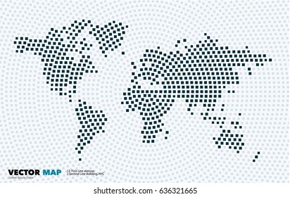 Vector world map template with squares, rectangles for business. Graphic design abstract art for technology and travel by train, car, plane subject.