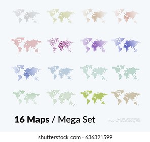 Vector world map templates with triangles, squares, dots for business. Graphic design abstract art for technology and travel by train, car, plane subject.