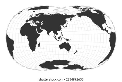 Vector world map using the Laskowski tri-optimal projection. A plain geographical map with latitude and longitude lines, centered at 120 degrees W longitude.