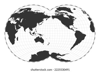 Vector world map. Van der Grinten IV projection. Plain world geographical map with latitude and longitude lines. Centered to 180deg longitude. Vector illustration.