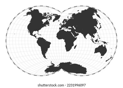 Vector world map. Van der Grinten IV projection. Plain world geographical map with latitude and longitude lines. Centered to 0deg longitude. Vector illustration.