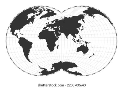 Vector world map. Van der Grinten IV projection. Plain world geographical map with latitude and longitude lines. Centered to 60deg W longitude. Vector illustration.