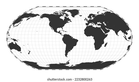 Mapa del mundo de los vectores. Proyección Wagner VI. Mapa geográfico del mundo plano con líneas de latitud y longitud. Centrado en la longitud E de 60 grados. Ilustración vectorial.