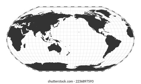 Mapa del mundo de los vectores. Proyección Wagner VI. Mapa geográfico del mundo plano con líneas de latitud y longitud. Centrado en la longitud de 180 grados. Ilustración vectorial.