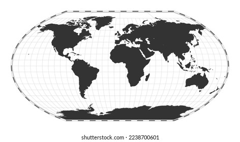 Mapa del mundo de los vectores. Proyección Wagner VI. Mapa geográfico del mundo plano con líneas de latitud y longitud. Centrado en la longitud de 0deg. Ilustración vectorial.