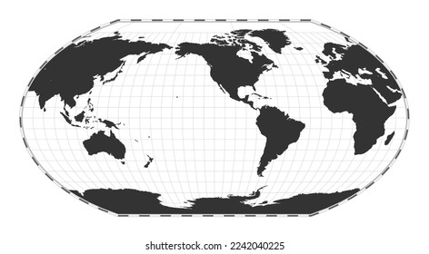 Vector world map. Wagner VI projection. Plain world geographical map with latitude and longitude lines. Centered to 120 degrees East longitude. Vector illustration.