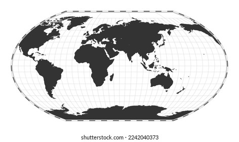 Mapa del mundo de los vectores. Proyección Wagner VI. Mapa geográfico del mundo plano con líneas de latitud y longitud. Centrado en la longitud de 60 grados W. Ilustración vectorial.