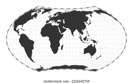 Vector world map. Wagner VII projection. Plain world geographical map with latitude and longitude lines. Centered to 60deg W longitude. Vector illustration.