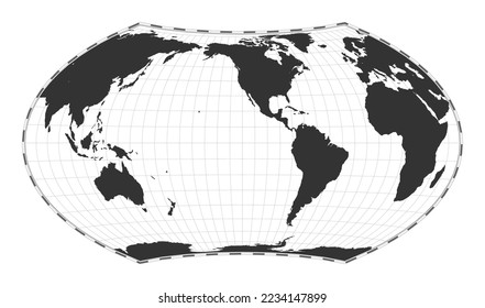 Vector world map. Wagner VII projection. Plain world geographical map with latitude and longitude lines. Centered to 120deg E longitude. Vector illustration.