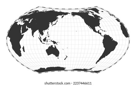 Mapa del mundo de los vectores. Proyección Wagner VII. Mapa geográfico del mundo plano con líneas de latitud y longitud. Centrado en la longitud de 180 grados. Ilustración vectorial.