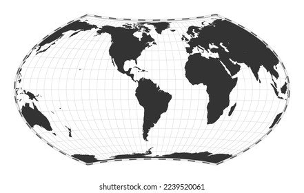 Mapa del mundo de los vectores. Proyección Wagner VII. Mapa geográfico del mundo plano con líneas de latitud y longitud. Centrado en la longitud E de 60 grados. Ilustración vectorial.