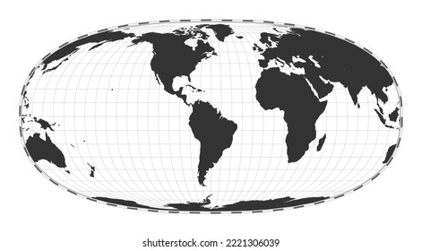 Vector world map in Waldo R. Tobler's hyperelliptical projection. A geographical map with latitude and longitude lines, centered at 60 degrees East longitude. Vector illustration.