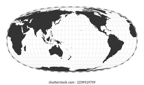 Vector world map. Waldo R. Tobler's hyperelliptical projection. Plain world geographical map with latitude and longitude lines. Centered at 180 degrees longitude. Vector illustration.