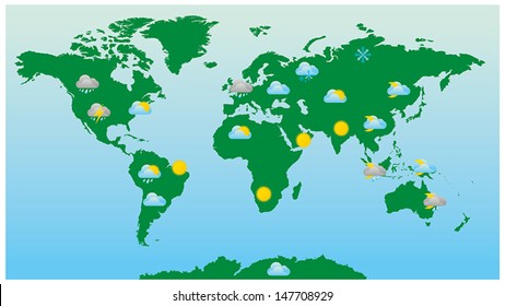 Vector World Map And Weather Icons For Night And Day. Gradients Used.