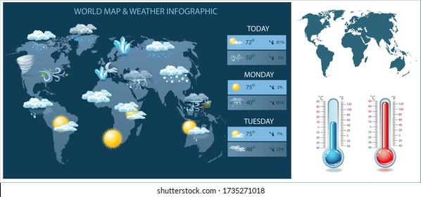 Vector world map and weather infographic. Icons and worldmap silhouette