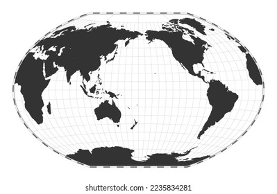 Mapa del mundo de los vectores. Proyección de Winkel tripel. Mapa geográfico del mundo plano con líneas de latitud y longitud. Centrado en la longitud de 180 grados. Ilustración vectorial.