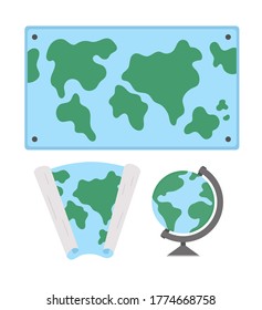 Mapas del mundo de vectores e ilustración del globo. Colección de carteles en aula. De vuelta a la escuela educativa. Conceptos de clase de geografía

