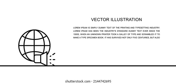 Mundo vectorial con megáfono, noticias, icono de una línea. Ilustración continua de una línea.