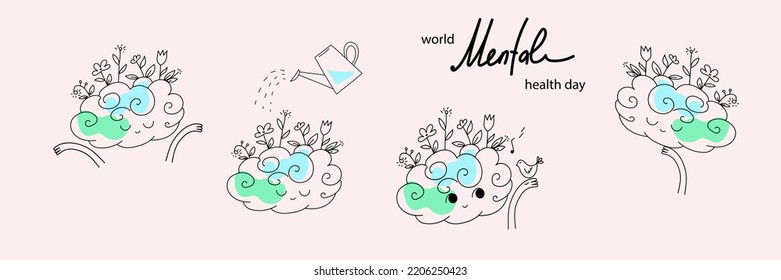 Vector World Mental Health Day Set Poster Doodle Hand Drawn Style Illustration.