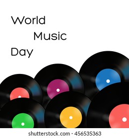 Vector world music day poster on white background with vinyl records 
