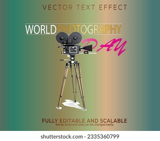 Vector world photography day editable text effect with camera