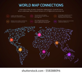 Vector world polygonal map communication infographic template with legend. World linear map, illustration of global map internet.