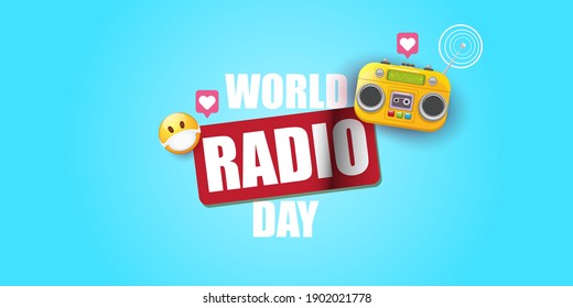 Vector World radio day horizontal banner with old cassette stereo player isolated on abstract blue background. Cartoon funky hipster Radio day banner or poster with radio