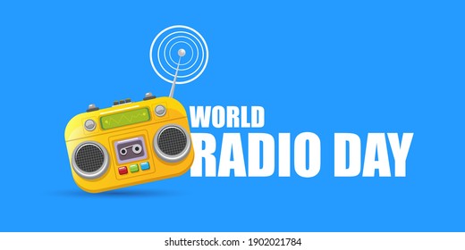 Vector World radio day horizontal banner with old cassette stereo player isolated on abstract blue background. Cartoon funky hipster Radio day banner or poster with radio