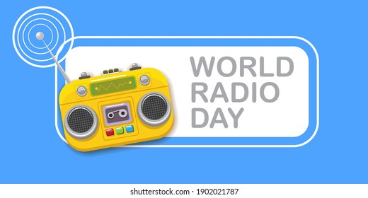 Vector World radio day horizontal banner with old cassette stereo player isolated on abstract blue background. Cartoon funky hipster Radio day banner or poster with radio