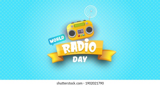 Vector World radio day horizontal banner with old cassette stereo player isolated on abstract blue background. Cartoon funky hipster Radio day banner or poster with radio