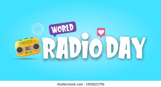 Vector World radio day horizontal banner with old cassette stereo player isolated on abstract blue background. Cartoon funky hipster Radio day banner or poster with radio