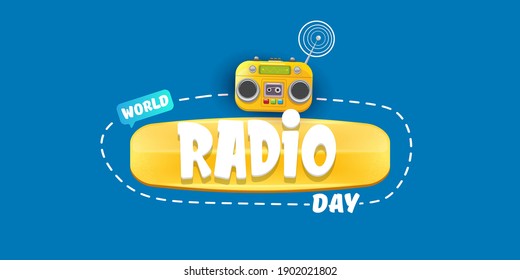 Banner horizontal del día de la radio del mundo del vector con reproductor estéreo de casete antiguo aislado sobre fondo azul abstracto. Cartel o afiche del Día de la Radio con humor