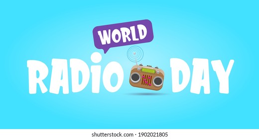 Vector World radio day horizontal banner with old cassette stereo player isolated on abstract blue background. Cartoon funky hipster Radio day banner or poster with radio